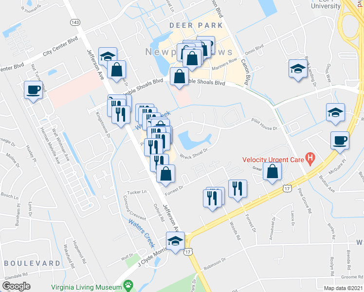 map of restaurants, bars, coffee shops, grocery stores, and more near 123 Wreck Shoal Drive in Newport News