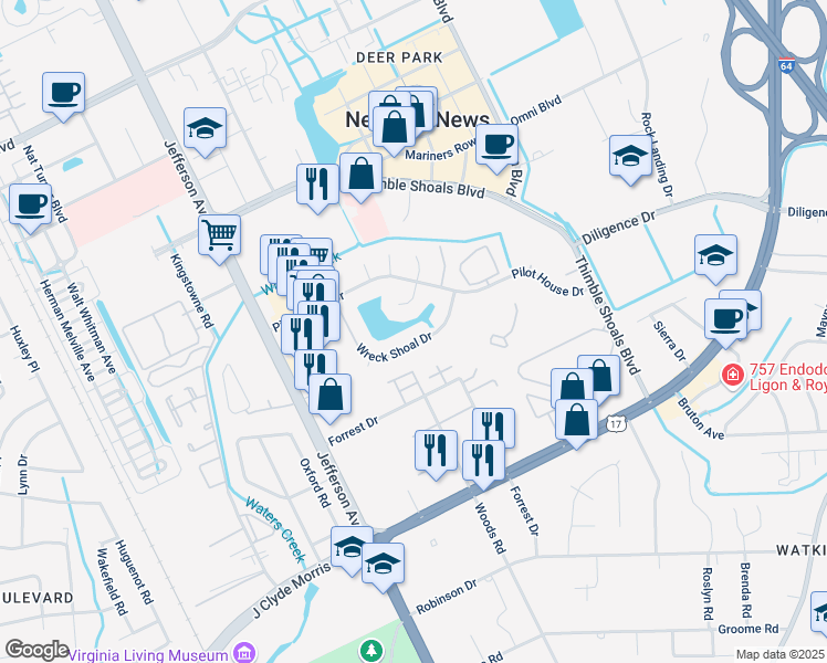 map of restaurants, bars, coffee shops, grocery stores, and more near 142 Wreck Shoal Drive in Newport News