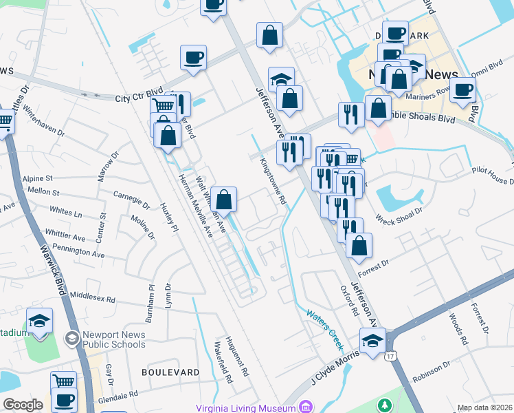 map of restaurants, bars, coffee shops, grocery stores, and more near 505 Oscar Loop in Newport News