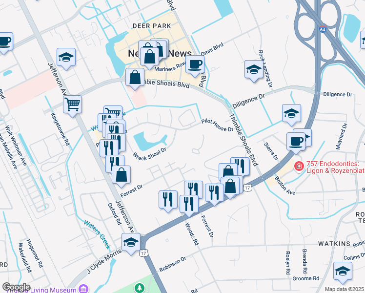 map of restaurants, bars, coffee shops, grocery stores, and more near 114 Tidal Drive in Newport News