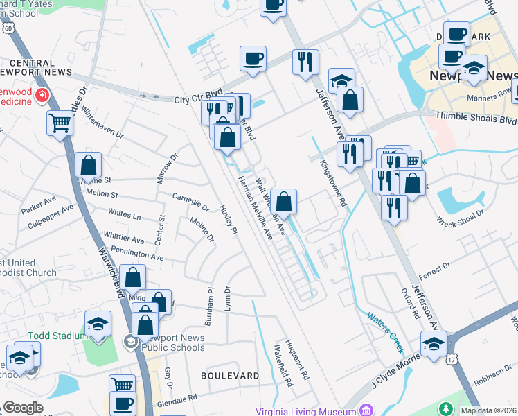 map of restaurants, bars, coffee shops, grocery stores, and more near 279 Herman Melville Avenue in Newport News