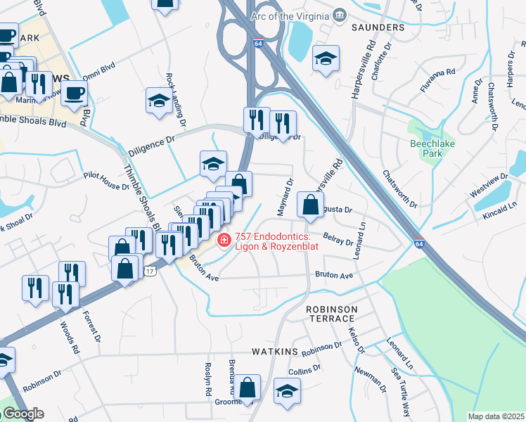 map of restaurants, bars, coffee shops, grocery stores, and more near 32 Courtney Avenue in Newport News