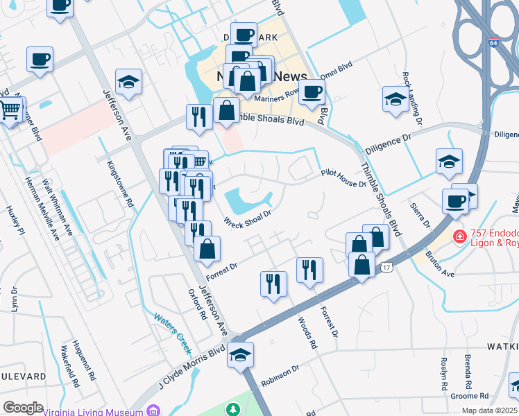map of restaurants, bars, coffee shops, grocery stores, and more near 142 Wreck Shoal Drive in Newport News
