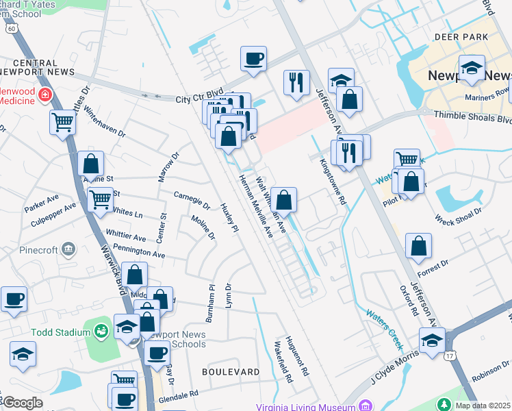 map of restaurants, bars, coffee shops, grocery stores, and more near 203 Eugene 'O'Neil Street in Newport News