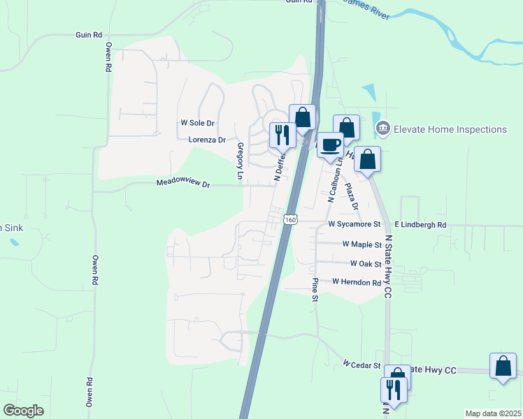 map of restaurants, bars, coffee shops, grocery stores, and more near 1819 North Deffer Drive in Nixa