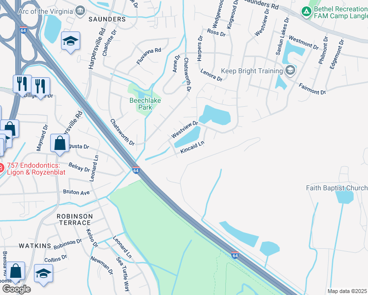 map of restaurants, bars, coffee shops, grocery stores, and more near 32 Kincaid Lane in Hampton
