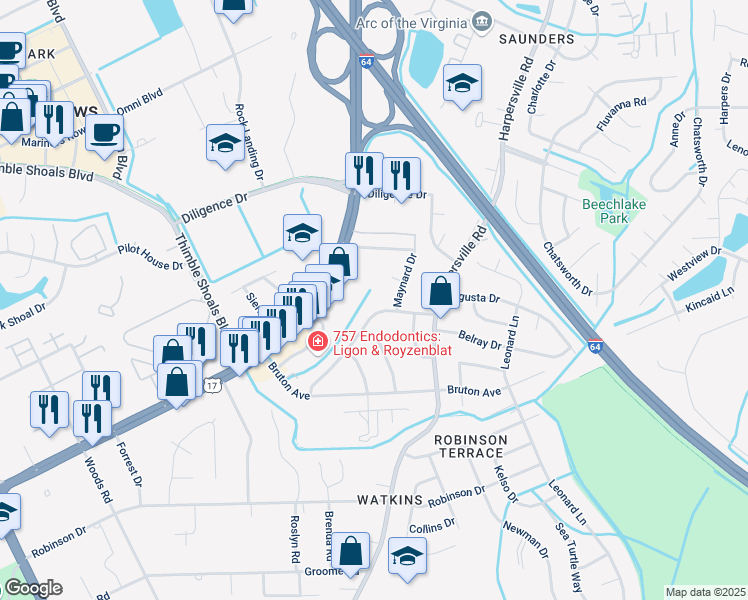 map of restaurants, bars, coffee shops, grocery stores, and more near 32 Courtney Avenue in Newport News