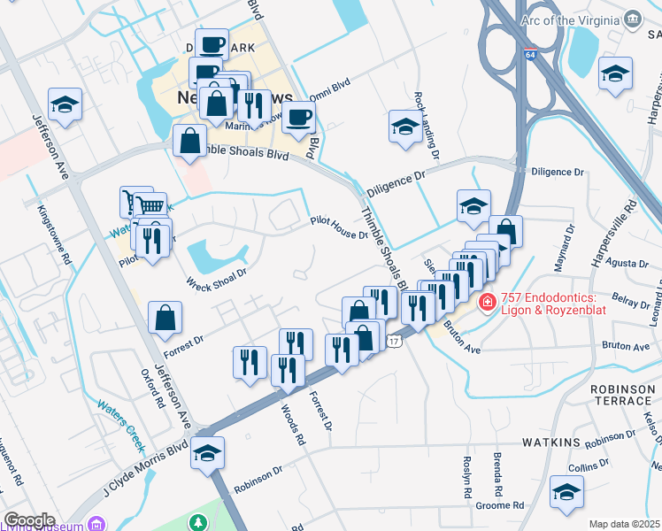 map of restaurants, bars, coffee shops, grocery stores, and more near 288 Nantucket Place in Newport News