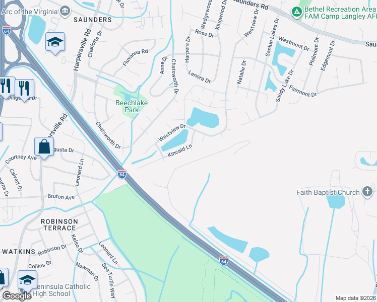map of restaurants, bars, coffee shops, grocery stores, and more near 4 Bullock Place in Hampton