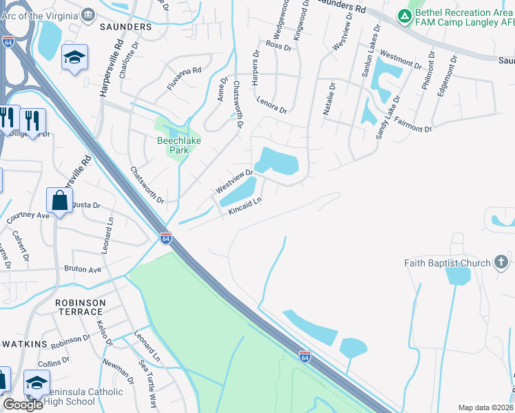 map of restaurants, bars, coffee shops, grocery stores, and more near 4 Bullock Place in Hampton