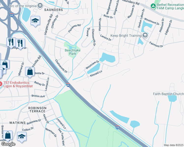 map of restaurants, bars, coffee shops, grocery stores, and more near 32 Kincaid Lane in Hampton
