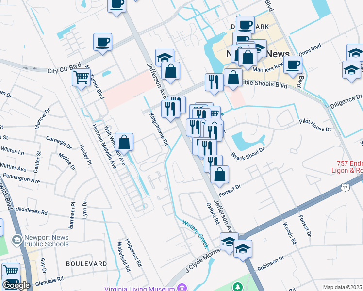map of restaurants, bars, coffee shops, grocery stores, and more near 11719 Jefferson Avenue in Newport News