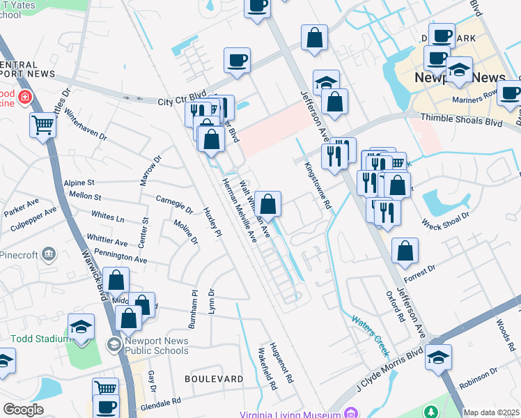 map of restaurants, bars, coffee shops, grocery stores, and more near 298 Walt Whitman Avenue in Newport News