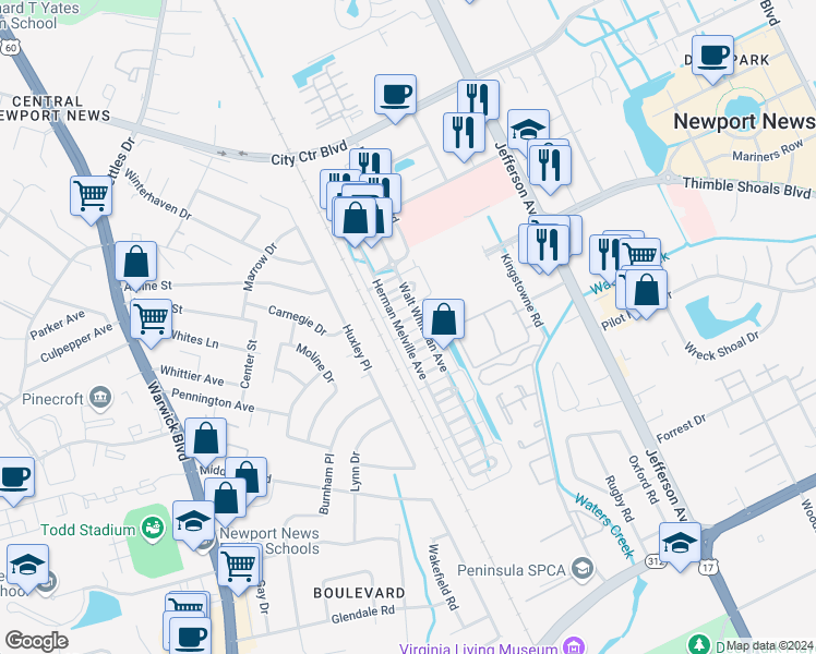 map of restaurants, bars, coffee shops, grocery stores, and more near 203 Eugene 'O'Neil Street in Newport News