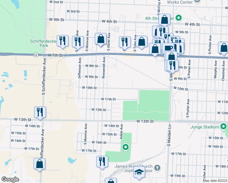 map of restaurants, bars, coffee shops, grocery stores, and more near 1931 West 11th Street in Joplin
