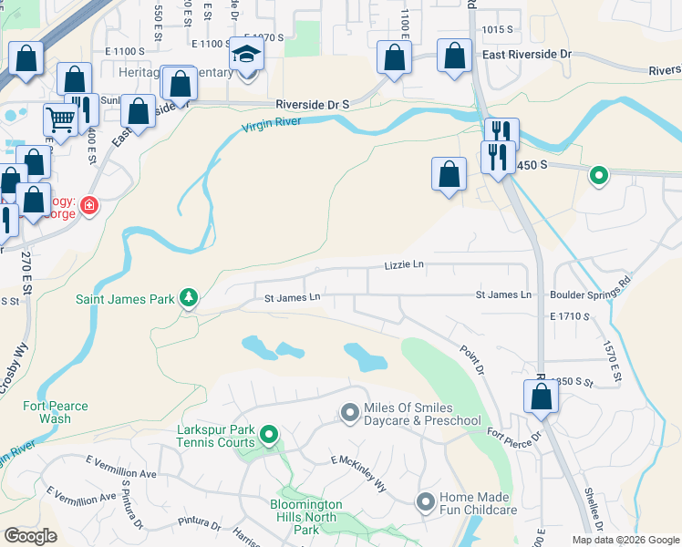 map of restaurants, bars, coffee shops, grocery stores, and more near 968 East Lizzie Lane in St. George