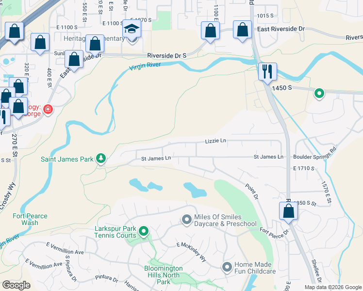 map of restaurants, bars, coffee shops, grocery stores, and more near 968 East Lizzie Lane in St. George