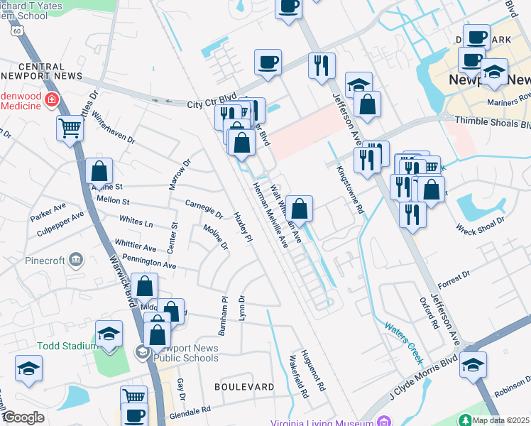 map of restaurants, bars, coffee shops, grocery stores, and more near 267 Herman Melville Avenue in Newport News