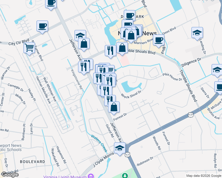 map of restaurants, bars, coffee shops, grocery stores, and more near 11712 Jefferson Avenue in Newport News