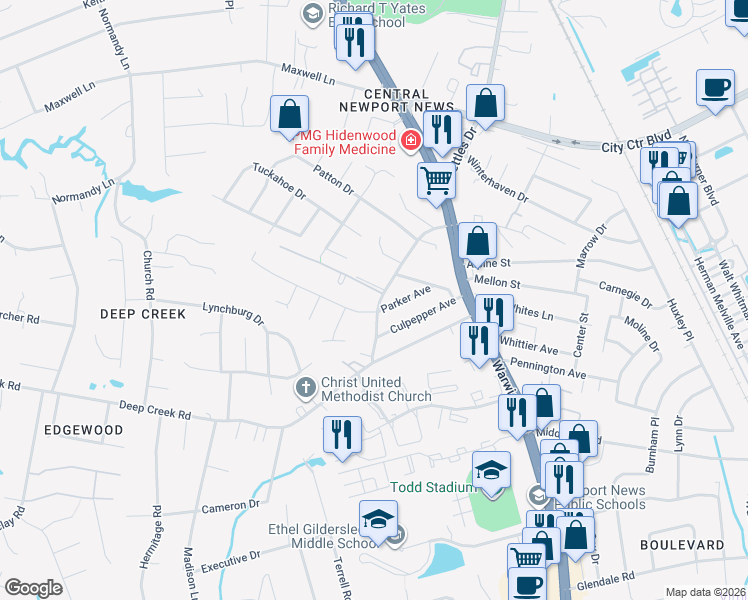 map of restaurants, bars, coffee shops, grocery stores, and more near 204 Turlington Road in Newport News