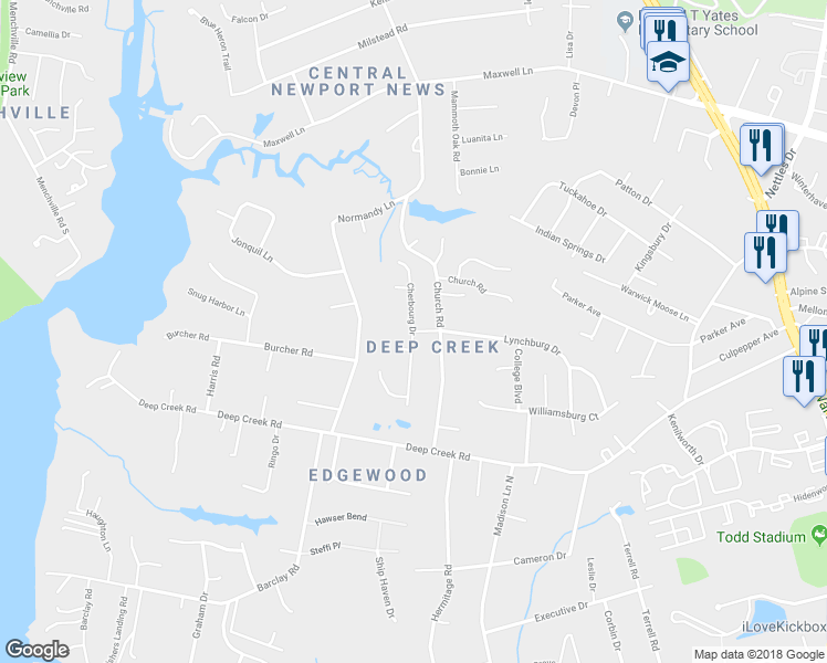 map of restaurants, bars, coffee shops, grocery stores, and more near 27 Cherbourg Drive in Newport News