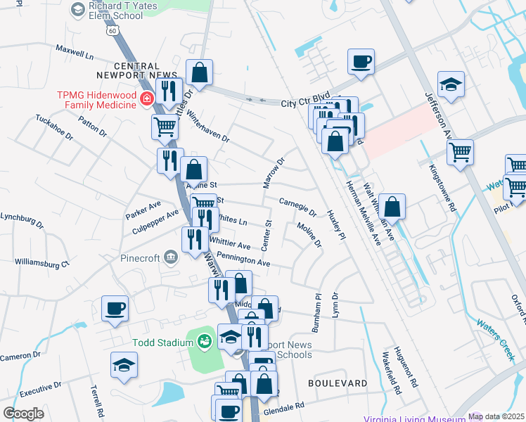 map of restaurants, bars, coffee shops, grocery stores, and more near 38 Mellon Street in Newport News