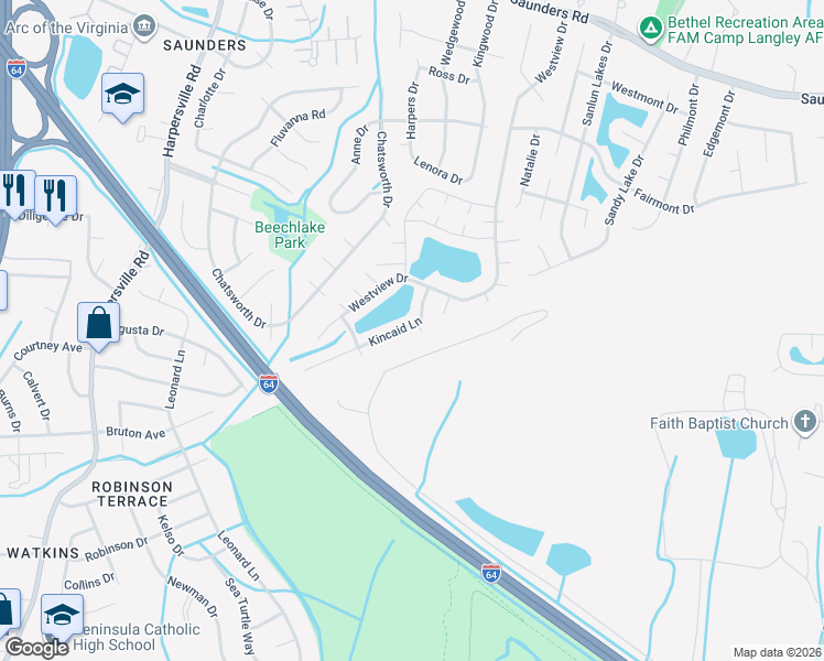 map of restaurants, bars, coffee shops, grocery stores, and more near 4 Bullock Place in Hampton