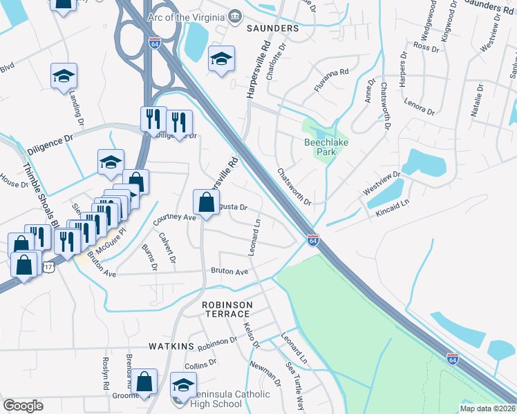 map of restaurants, bars, coffee shops, grocery stores, and more near 722 Leonard Lane in Newport News
