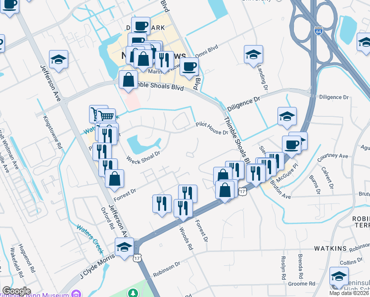 map of restaurants, bars, coffee shops, grocery stores, and more near 102 Nantucket Place in Newport News