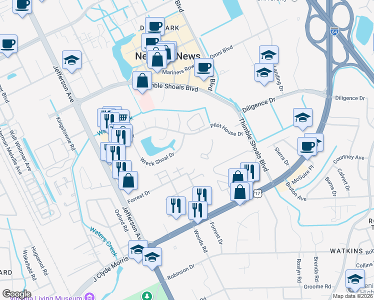 map of restaurants, bars, coffee shops, grocery stores, and more near 114 Tidal Drive in Newport News