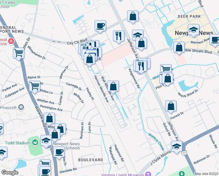 map of restaurants, bars, coffee shops, grocery stores, and more near 306 Walt Whitman Avenue in Newport News