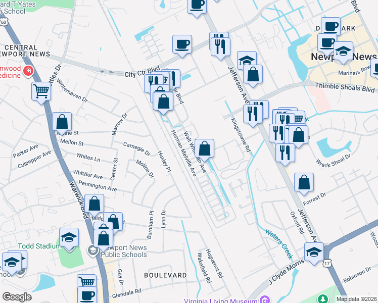 map of restaurants, bars, coffee shops, grocery stores, and more near 279 Herman Melville Avenue in Newport News
