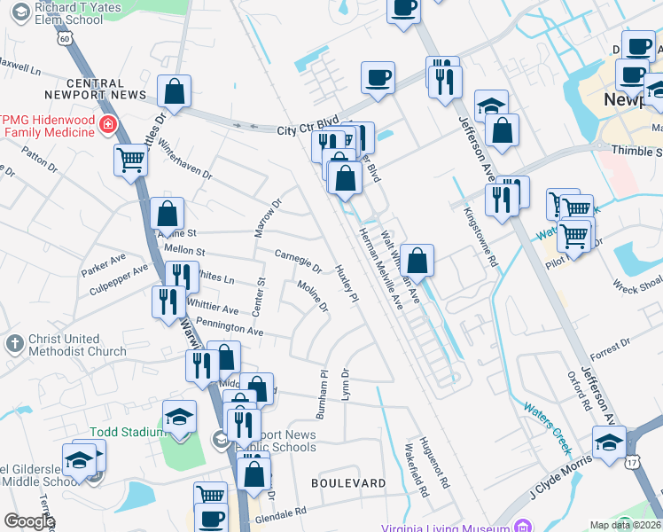 map of restaurants, bars, coffee shops, grocery stores, and more near 184 Carnegie Drive in Newport News
