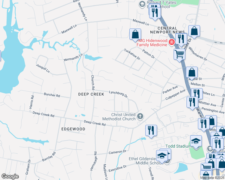 map of restaurants, bars, coffee shops, grocery stores, and more near 326 Lynchburg Drive in Newport News
