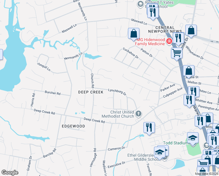 map of restaurants, bars, coffee shops, grocery stores, and more near 314 Lynchburg Drive in Newport News