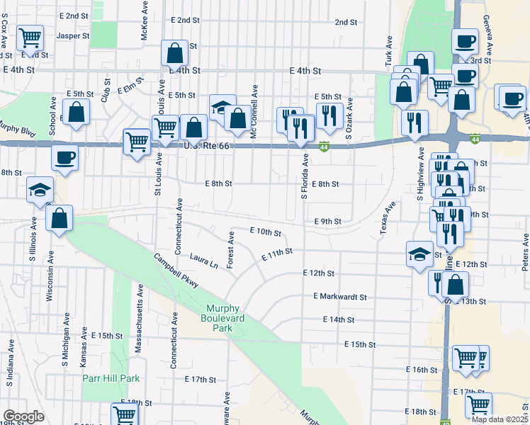 map of restaurants, bars, coffee shops, grocery stores, and more near 2407 East 10th Street in Joplin