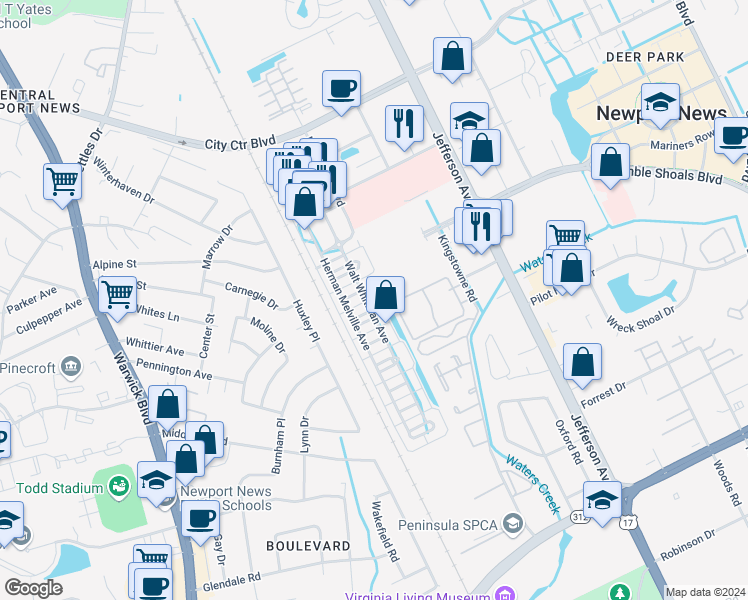 map of restaurants, bars, coffee shops, grocery stores, and more near 296 Walt Whitman Avenue in Newport News