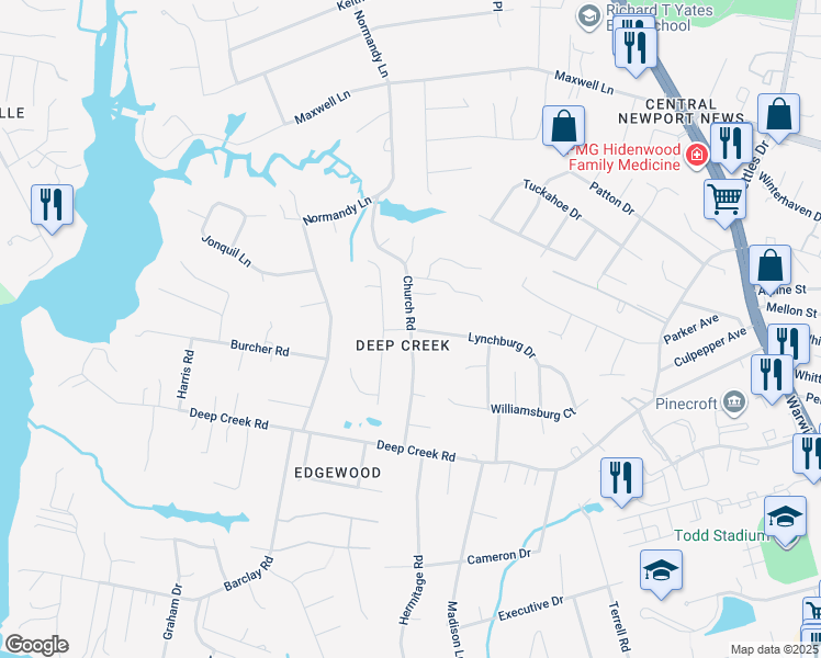 map of restaurants, bars, coffee shops, grocery stores, and more near 46 Church Road in Newport News