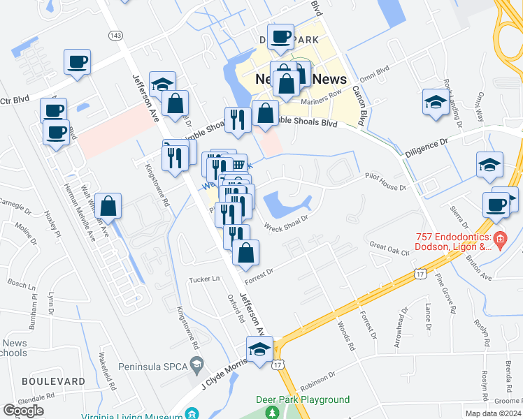 map of restaurants, bars, coffee shops, grocery stores, and more near 111 Wreck Shoal Drive in Newport News