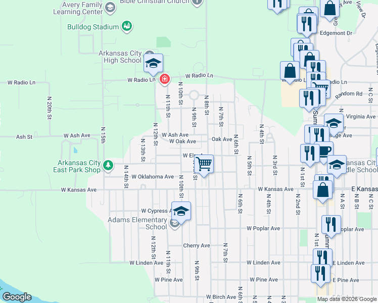 map of restaurants, bars, coffee shops, grocery stores, and more near 1520 North 10th Street in Arkansas City