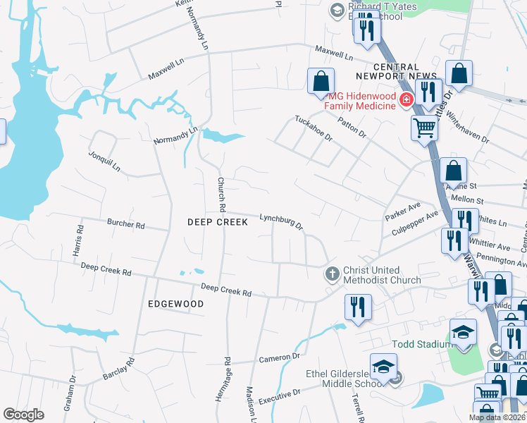 map of restaurants, bars, coffee shops, grocery stores, and more near 314 Lynchburg Drive in Newport News