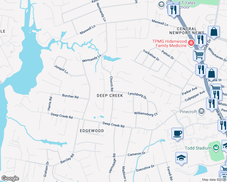 map of restaurants, bars, coffee shops, grocery stores, and more near 46 Church Road in Newport News
