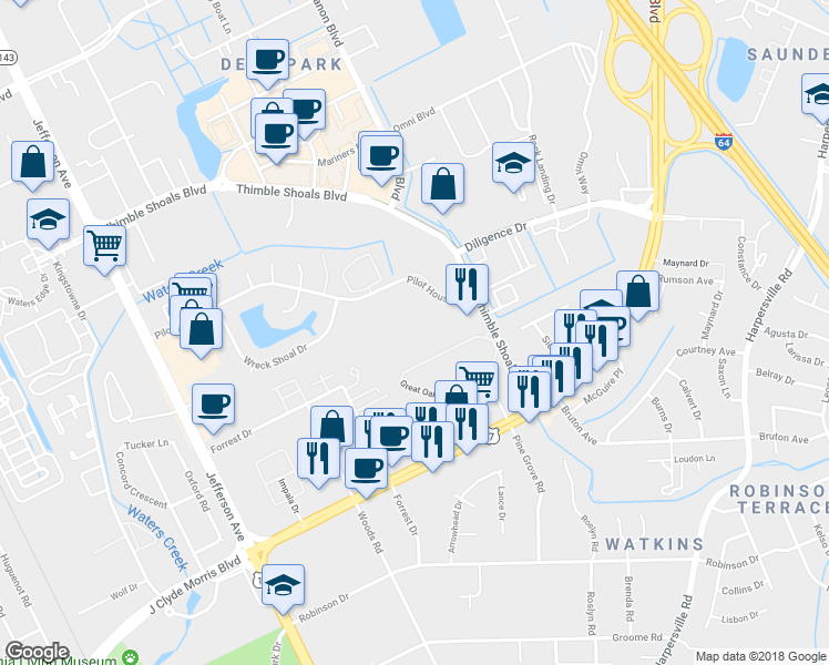 map of restaurants, bars, coffee shops, grocery stores, and more near 316 Nantucket Place in Newport News