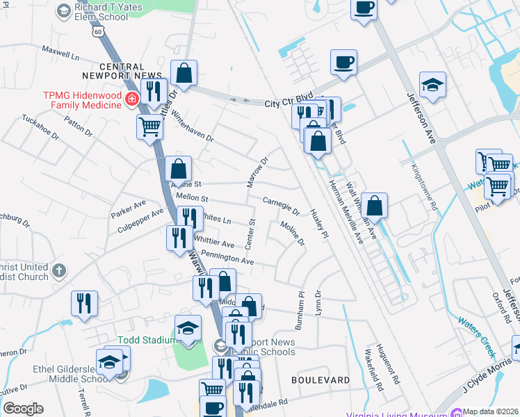 map of restaurants, bars, coffee shops, grocery stores, and more near 43 Whites Lane in Newport News