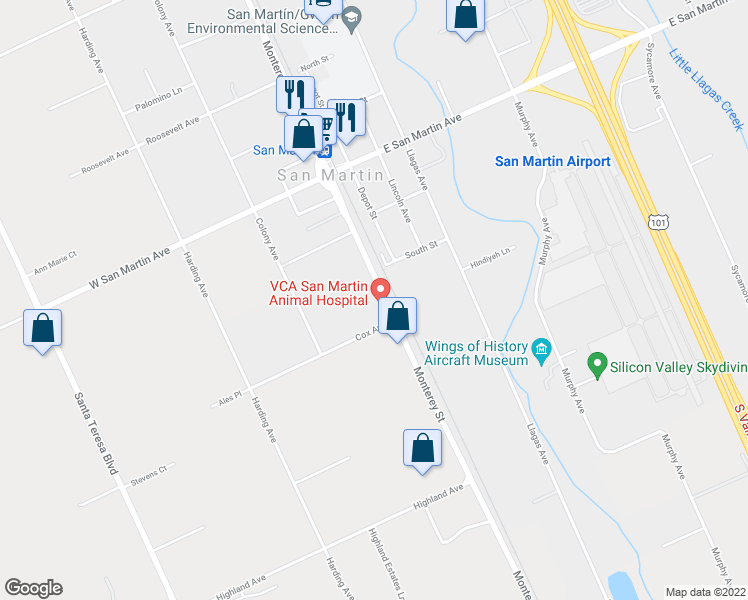 map of restaurants, bars, coffee shops, grocery stores, and more near 12945 Monterey Highway in San Martin