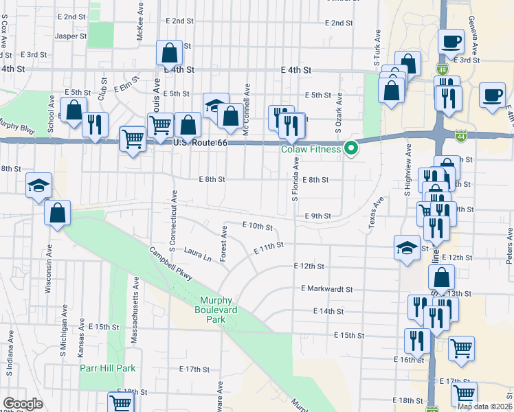 map of restaurants, bars, coffee shops, grocery stores, and more near 2407 East 10th Street in Joplin
