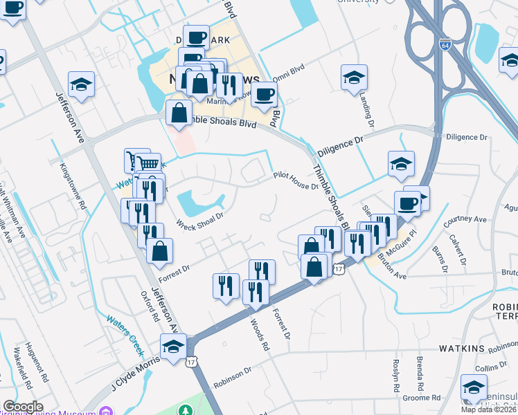 map of restaurants, bars, coffee shops, grocery stores, and more near 102 Nantucket Place in Newport News