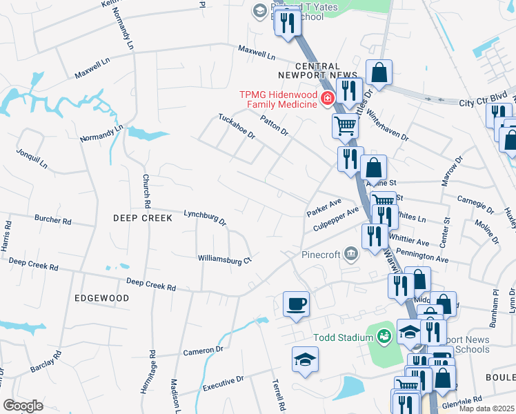 map of restaurants, bars, coffee shops, grocery stores, and more near 117 Parker Avenue in Newport News
