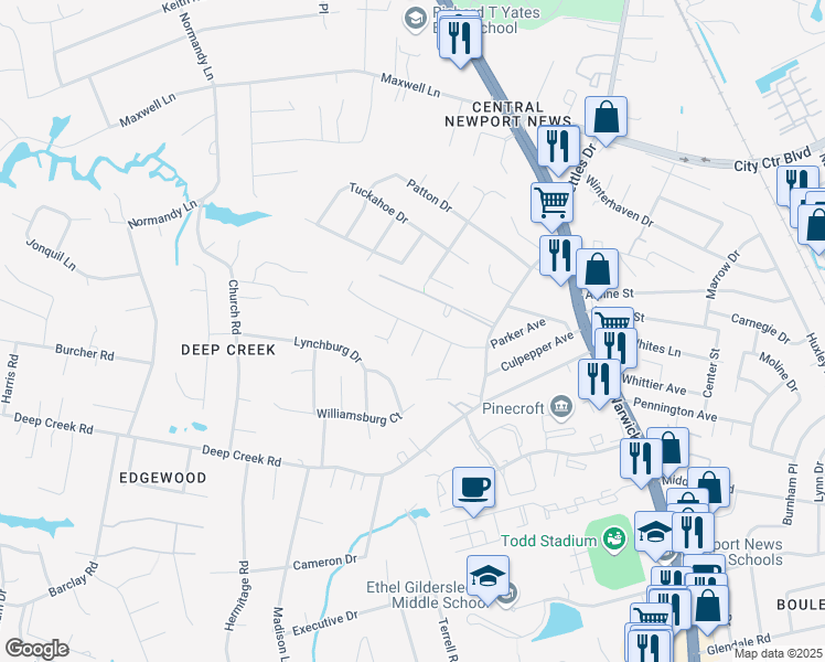 map of restaurants, bars, coffee shops, grocery stores, and more near 117 Parker Avenue in Newport News