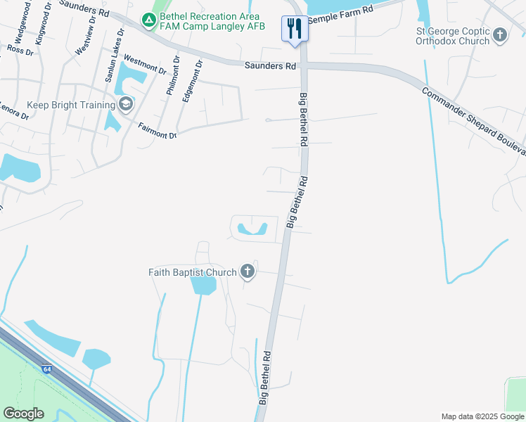 map of restaurants, bars, coffee shops, grocery stores, and more near 63 Tupelo Circle in Hampton